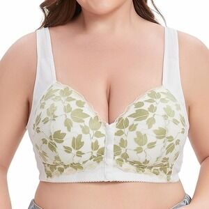 Plus Size 34A Front Closure Bra Leaf Print t-shirt Full Coverage Comfort